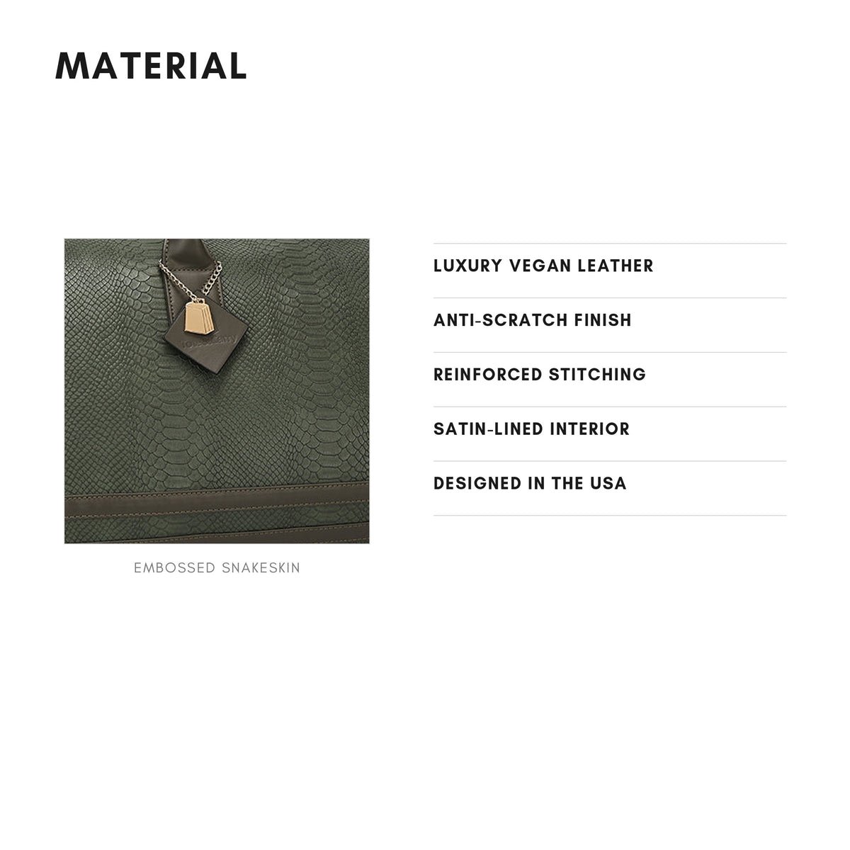 Tote&Carry Signature Weekender Travel Set in Olive — material, luxury vegan leather with embossed snakeskin finish