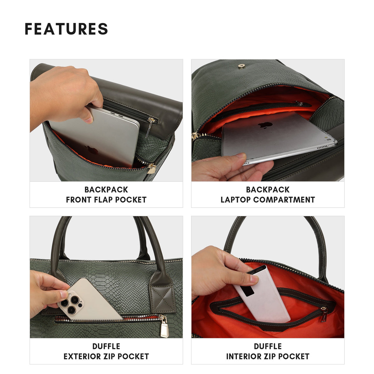 Tote&Carry Signature Weekender Travel Set in Olive — features, backpack flap pocket, laptop compartment and duffle zip pockets
