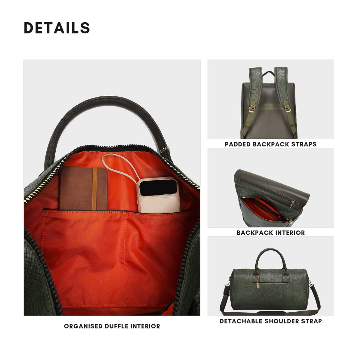 Tote&Carry Signature Weekender Travel Set in Olive — details, interior lining, padded straps and detachable shoulder strap