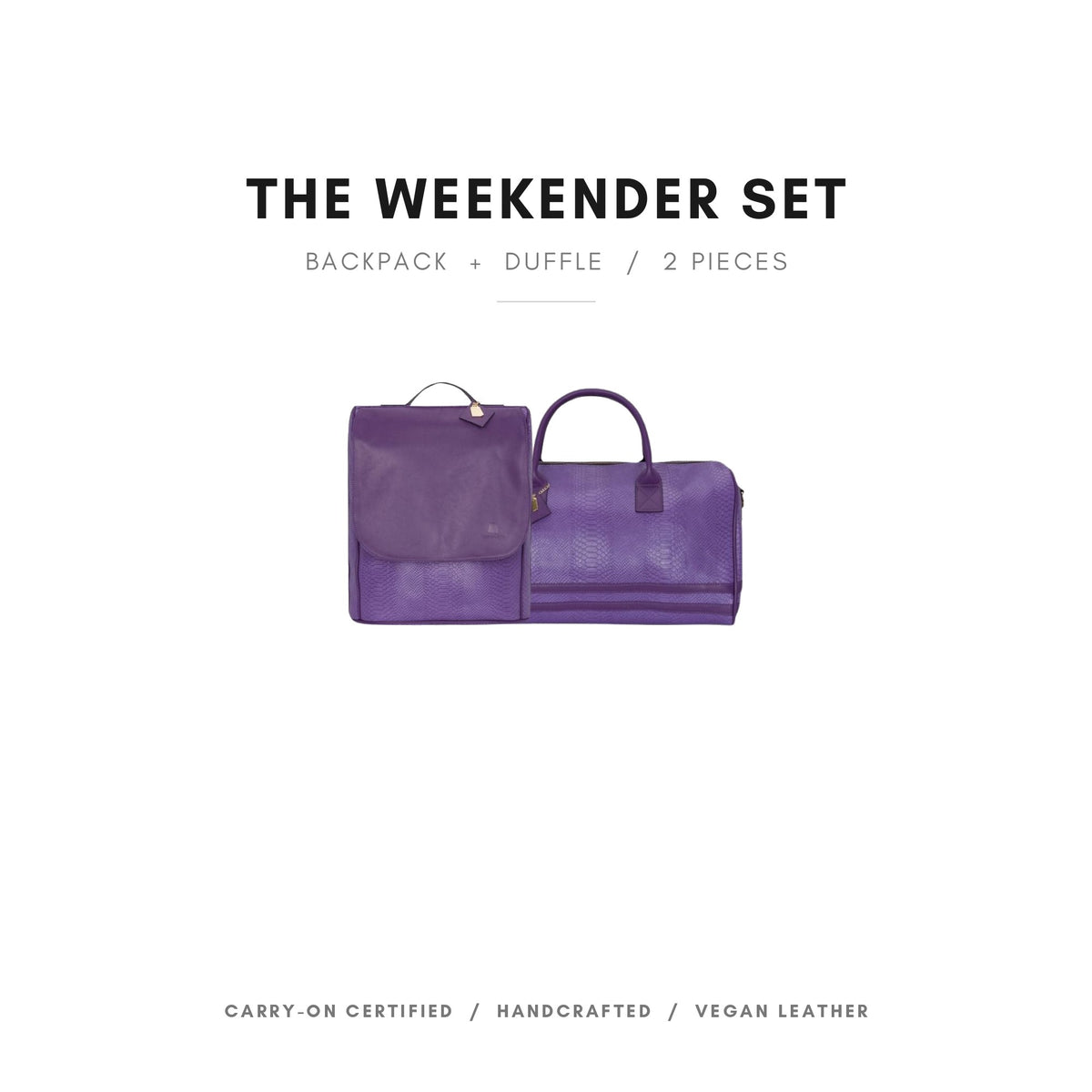 Tote&Carry Signature Weekender Travel Set in Purple — the full 2-piece set, backpack and duffle