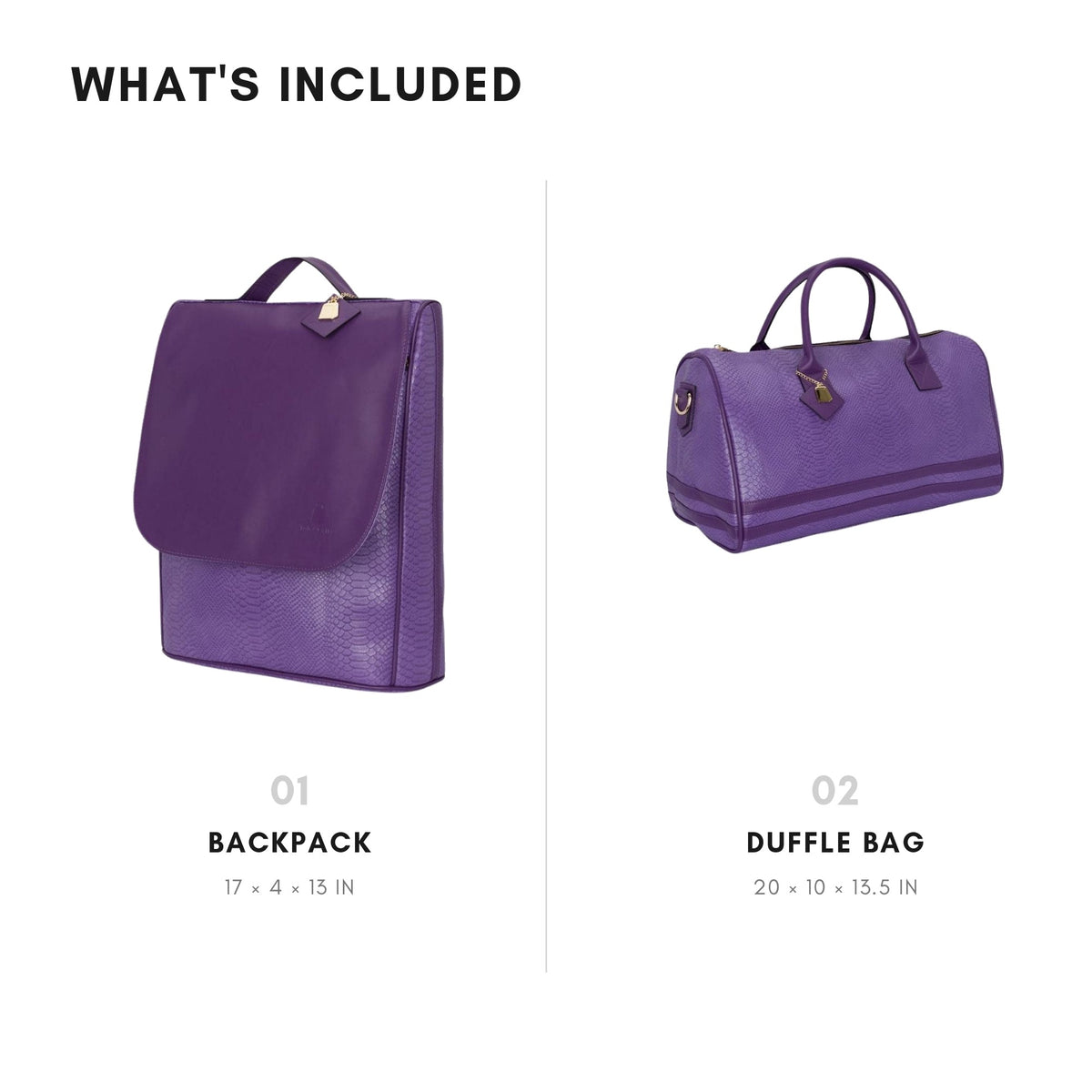 Tote&Carry Signature Weekender Travel Set in Purple — what's included, backpack 17 x 4 x 13 in and duffle 20 x 10 x 13.5 in