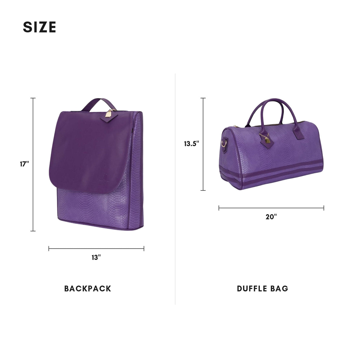 Tote&Carry Signature Weekender Travel Set in Purple — size guide, backpack and duffle dimensions
