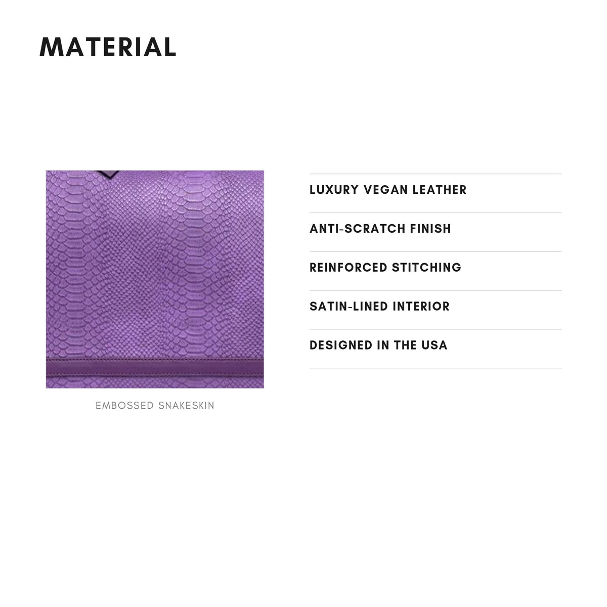 Tote&Carry Signature Weekender Travel Set in Purple — material, luxury vegan leather with embossed snakeskin finish
