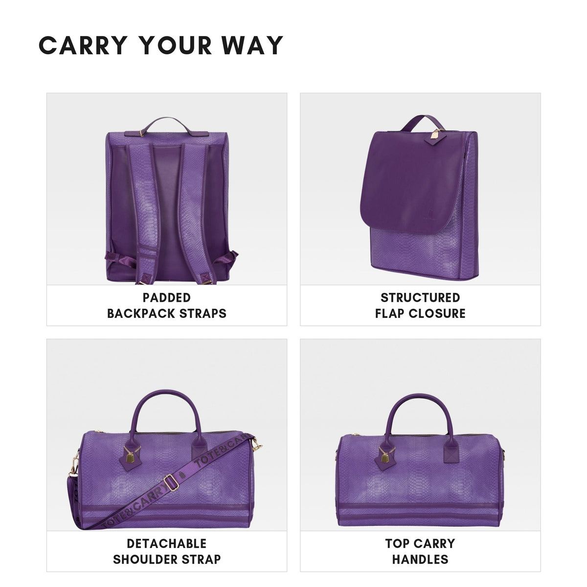 Tote&Carry Signature Weekender Travel Set in Purple — carry options, padded backpack straps, flap closure, shoulder strap and top handles