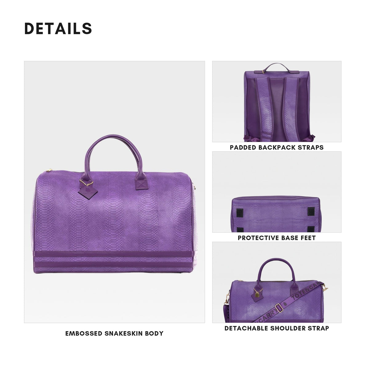 Tote&Carry Signature Weekender Travel Set in Purple — details, interior lining, padded straps and detachable shoulder strap