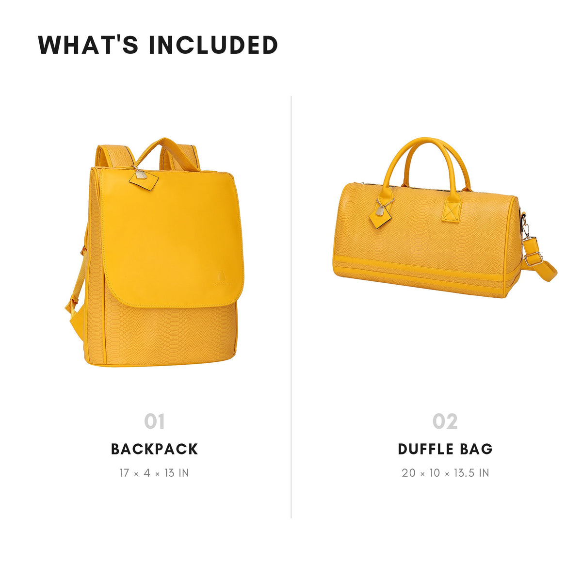 Tote&Carry Signature Weekender Travel Set in Sunflower Yellow — what's included, backpack 17 x 4 x 13 in and duffle 20 x 10 x 13.5 in