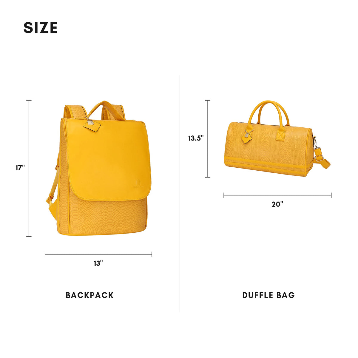 Tote&Carry Signature Weekender Travel Set in Sunflower Yellow — size guide, backpack and duffle dimensions