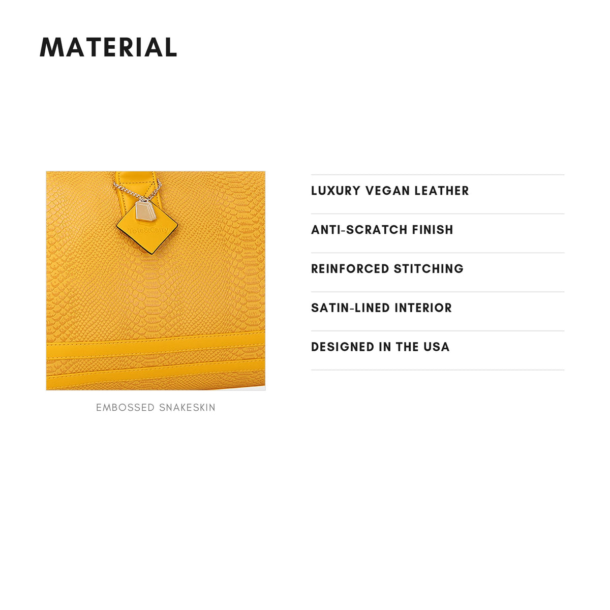 Tote&Carry Signature Weekender Travel Set in Sunflower Yellow — material, luxury vegan leather with embossed snakeskin finish