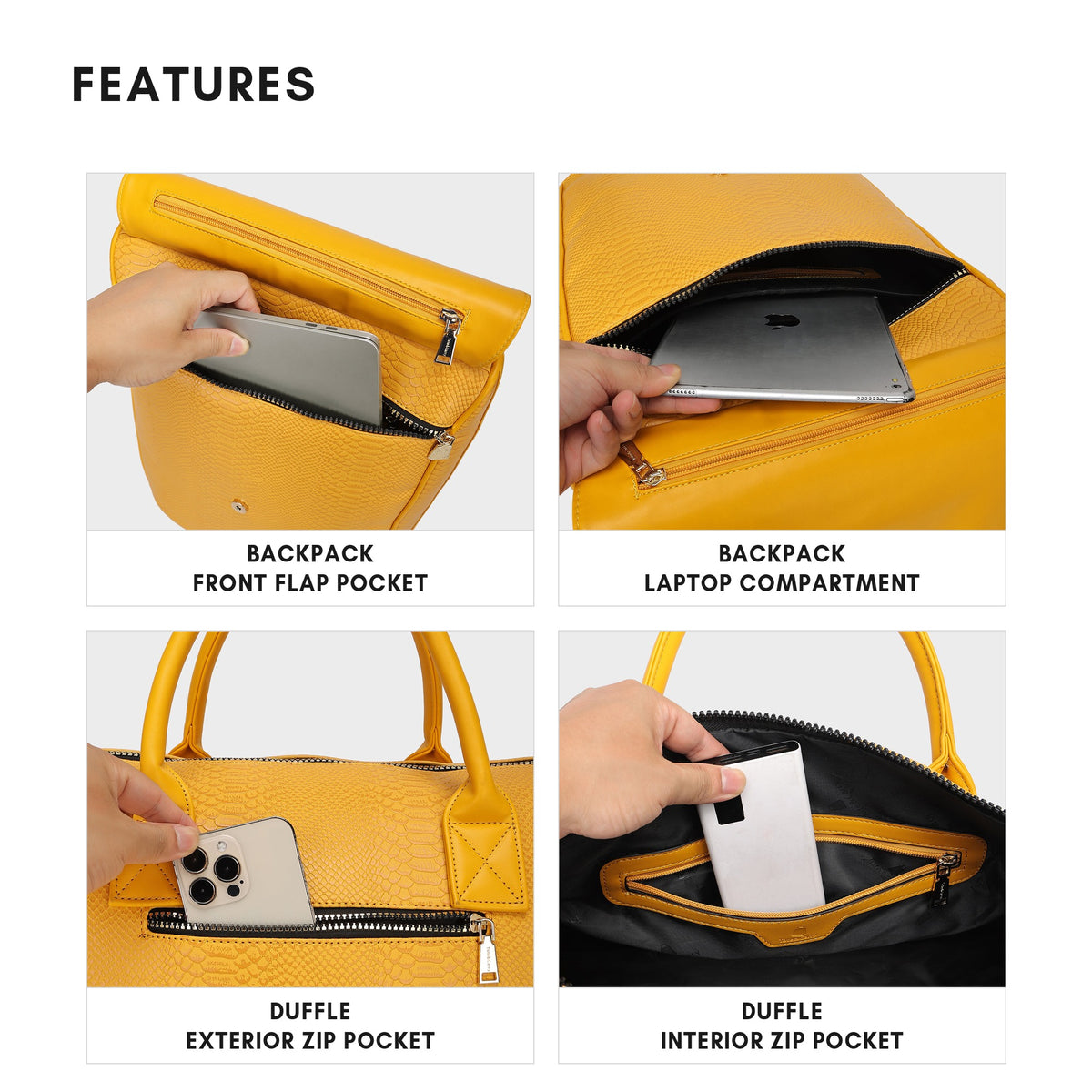 Tote&Carry Signature Weekender Travel Set in Sunflower Yellow — features, backpack flap pocket, laptop compartment and duffle zip pockets