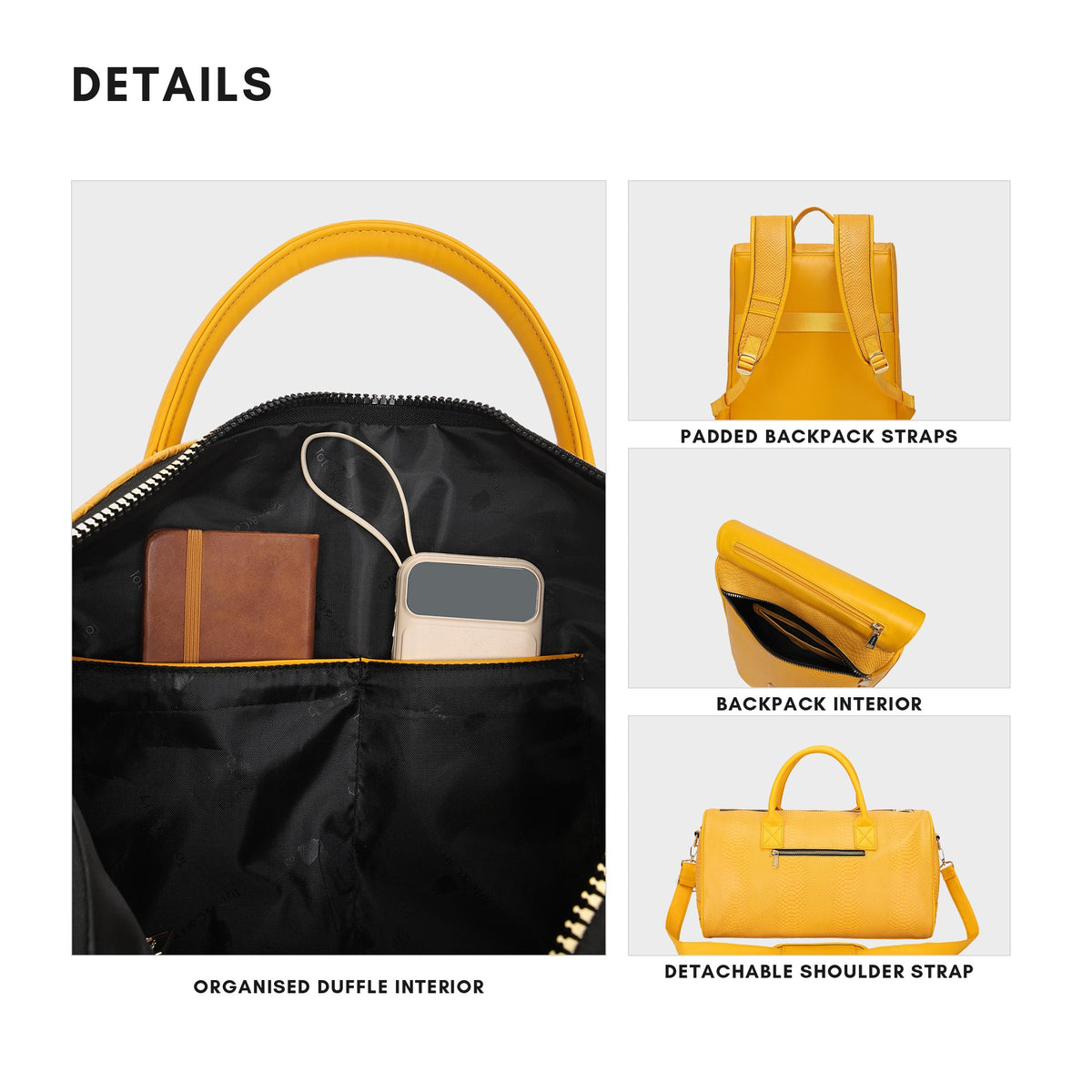 Tote&Carry Signature Weekender Travel Set in Sunflower Yellow — details, interior lining, padded straps and detachable shoulder strap