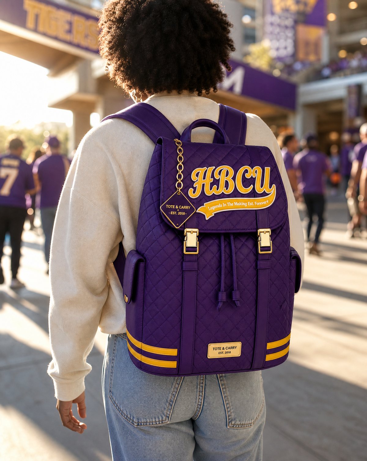 Tote&Carry HBCU backpack worn on game day