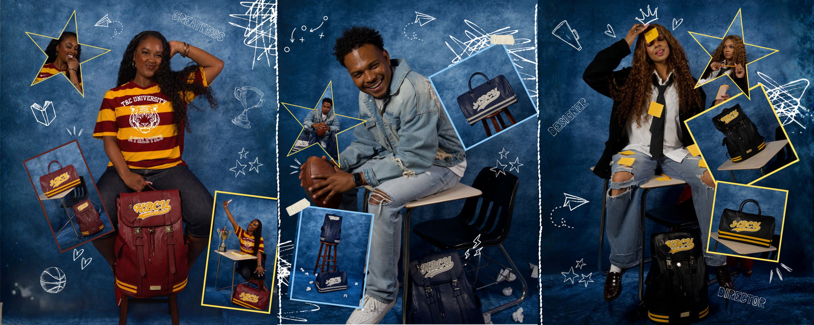 Tote&Carry HBCU varsity bags styled in a blue campus collage