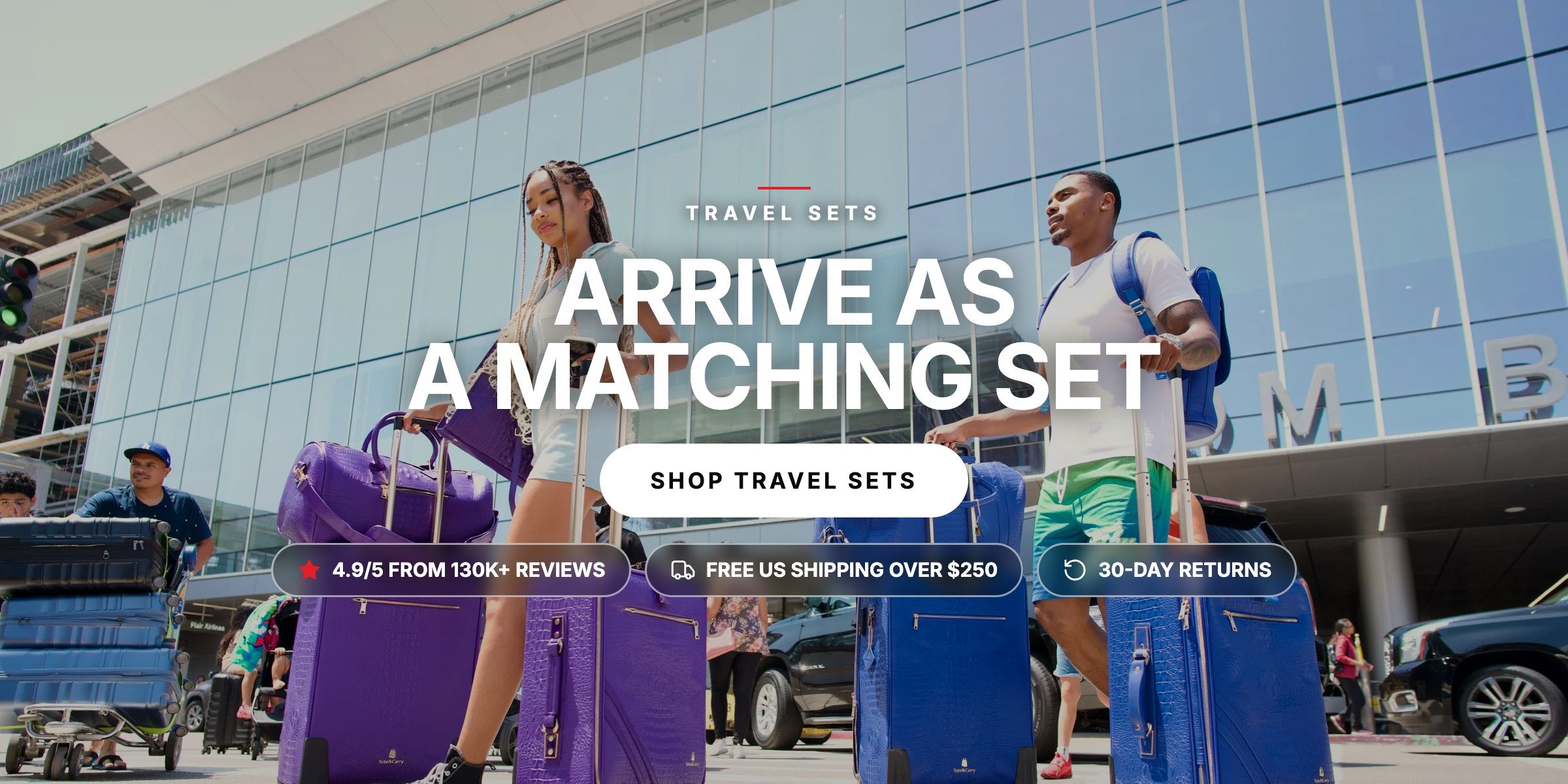 Two travellers with matching Tote&Carry travel sets at the airport