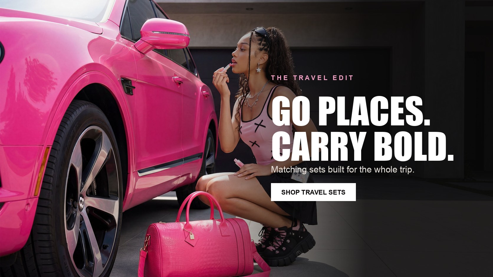Go places. Carry bold. Matching bags in emerald, royal blue, neon pink and purple. Shop travel sets.