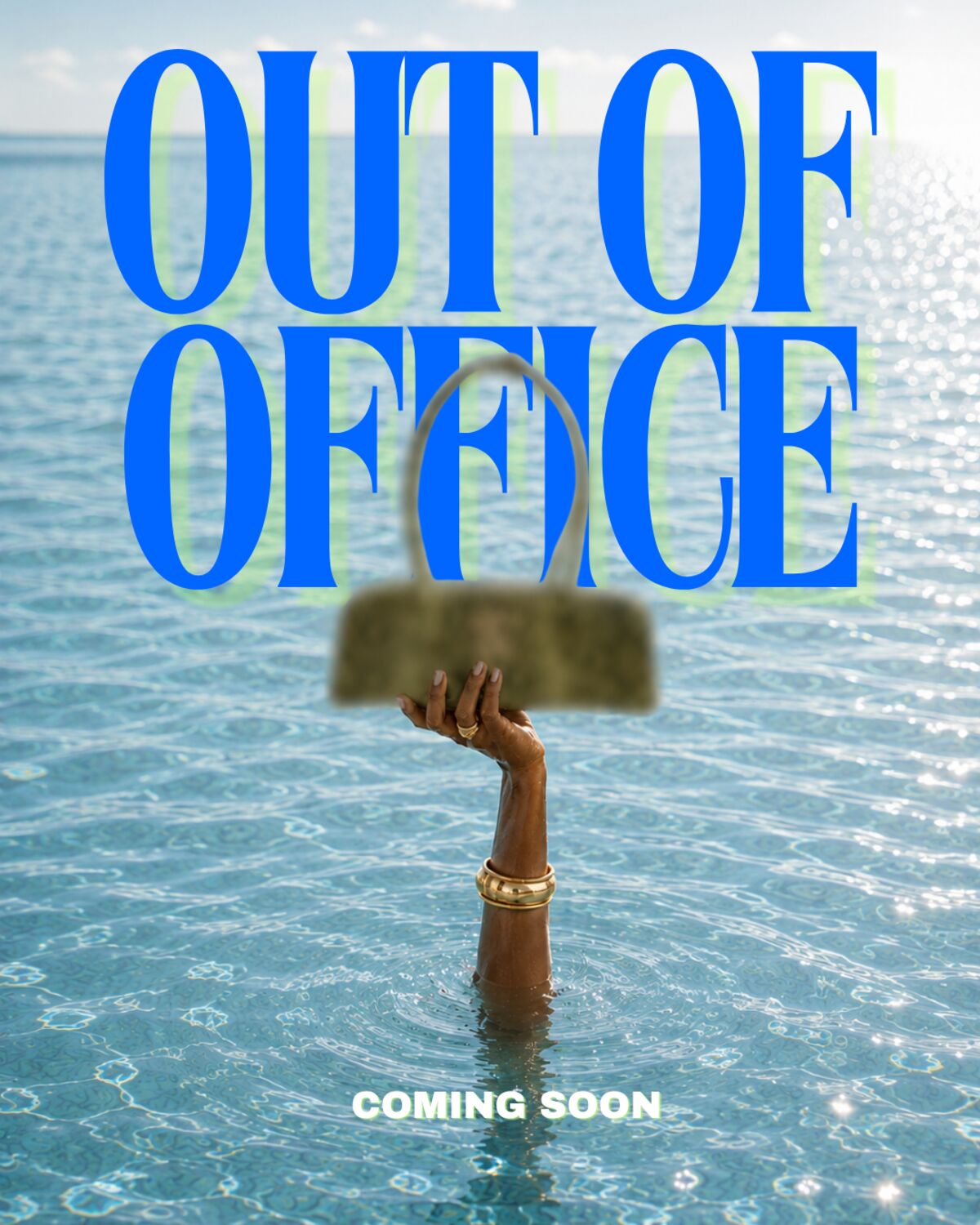 A hand rising from the ocean holding an Out of Office bag